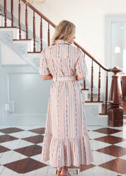 Back view of the French Floral Pocket Maxi Dress, a vintage garden stripe midi with pockets