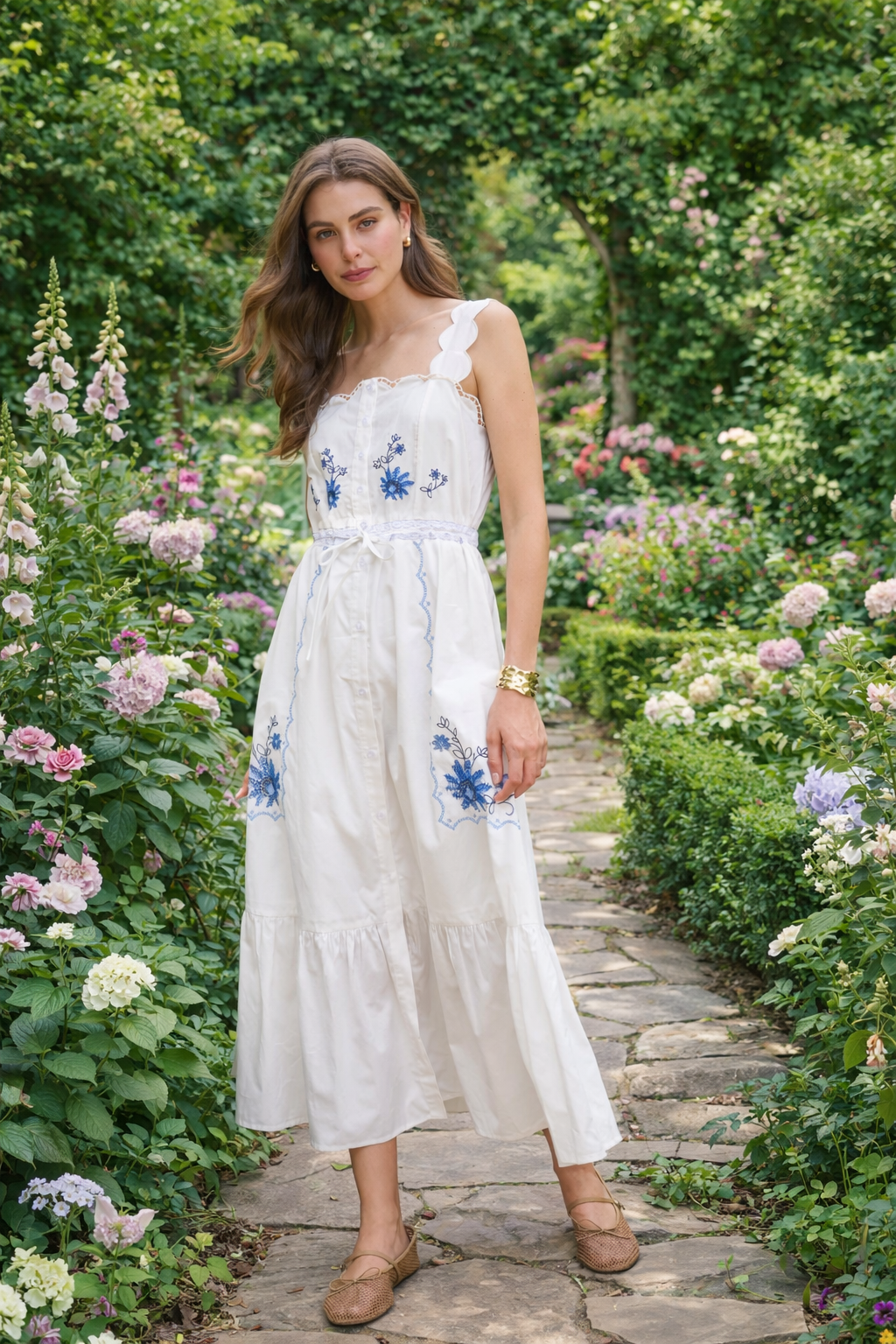 Blue Willow Dress, a white midi with blue floral embroidery, worn front view – Lady & Tucker