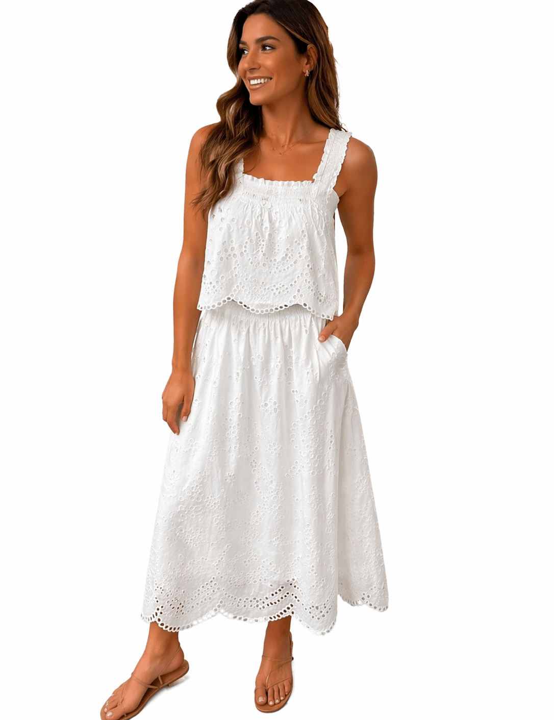 White Eyelet Skirt, a flowy white eyelet midi skirt, worn front view – Lady & Tucker