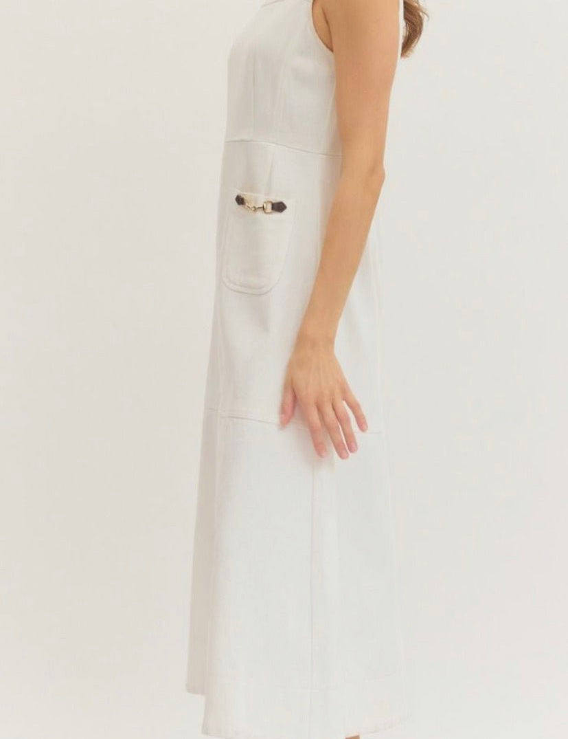Back view of the Preppy In White Dress, a white sleeveless midi with horsebit pockets