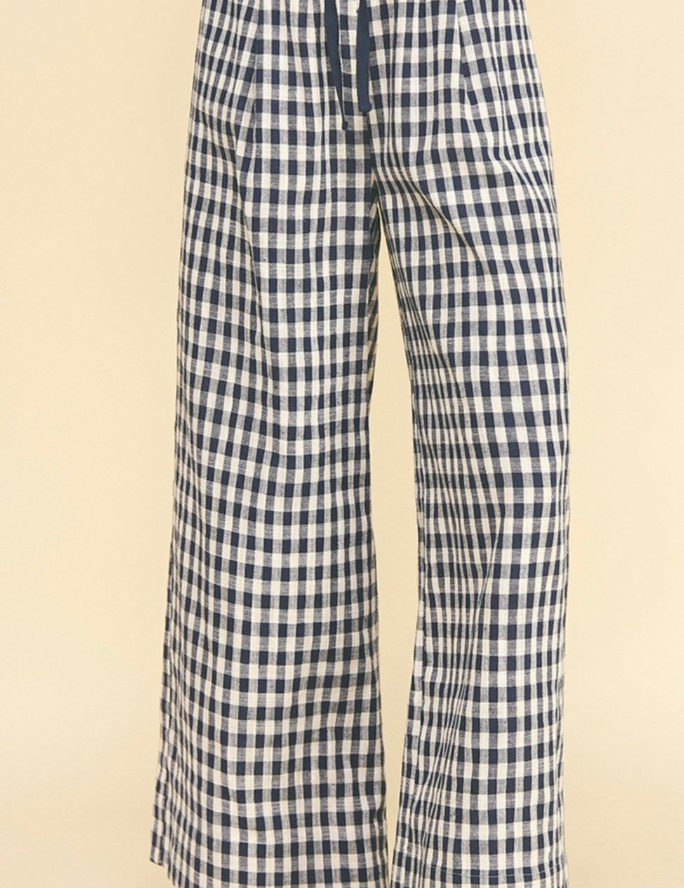 Gingham Pants, wide-leg gingham pants with an elastic waist, worn front view