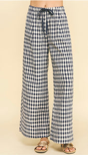 Gingham Pants, wide-leg gingham pants with an elastic waist, worn front view