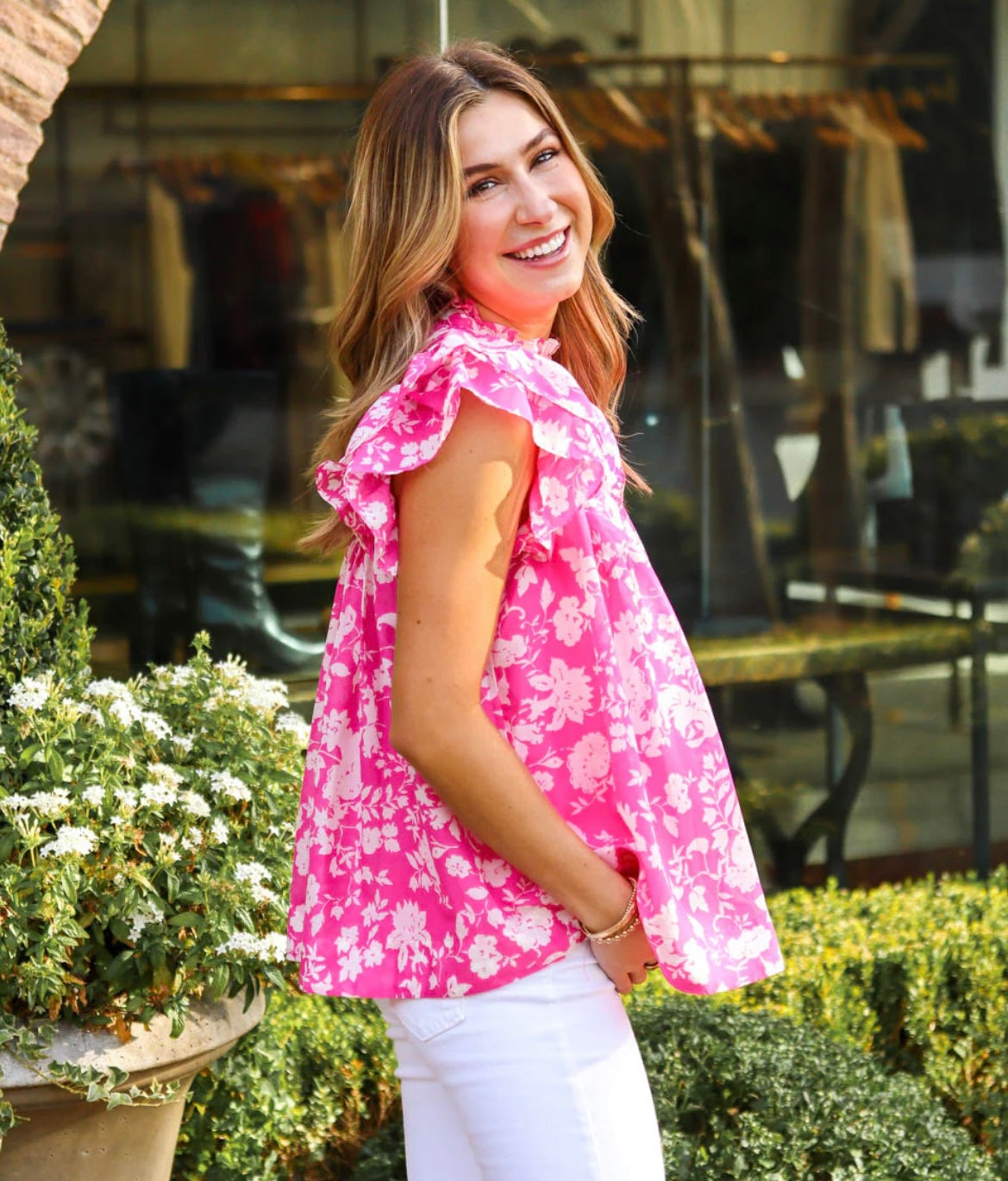 Pink & White Fleur Pleated Top